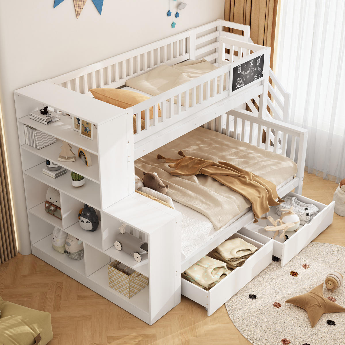 ETAGENBETT 140/200 cm mit Treppe und Aufbewahrungseinheiten weiß - Weiß, Holz (140/200cm) - OKWISH