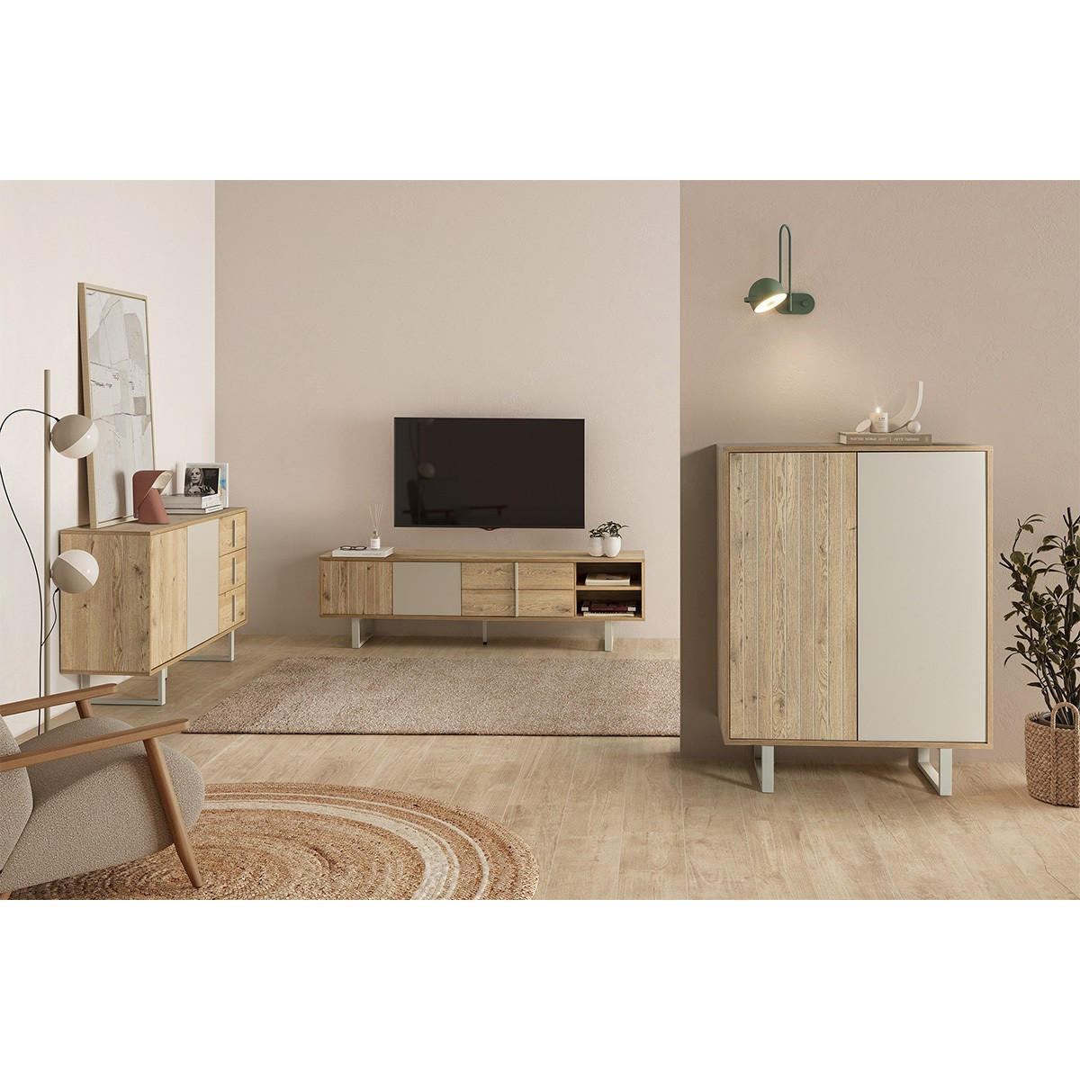 TV-MÖBEL 2 Türen, 2 Schubladen und 2 offene Fächer B180 cm - MILLAY - Grau, Holz (40/51.5/180cm) - Calicosy