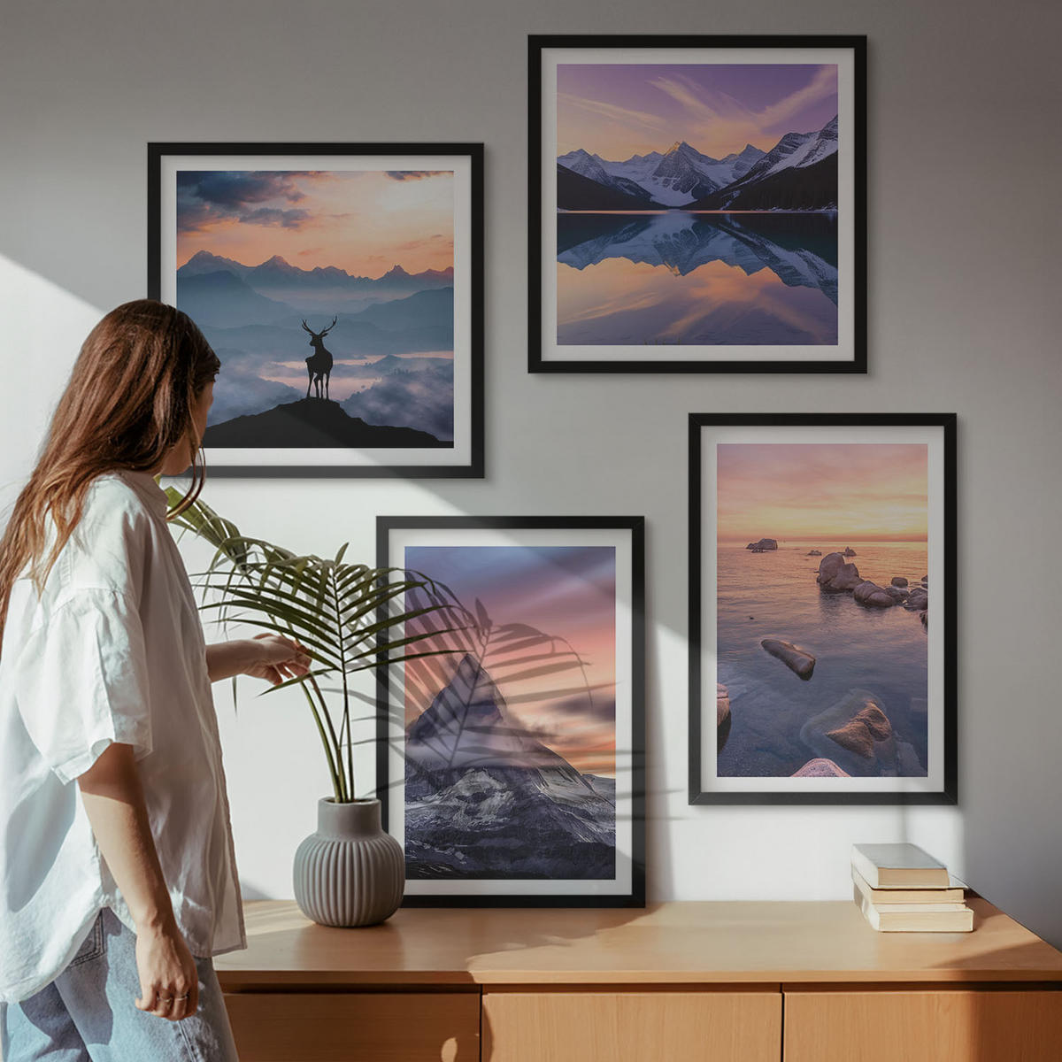 WANDBILDER 4er-Set - 50x50 cm & 40x60 cm Schwarzer Rahmen - Landschaften Berge Seen jelen - Schwarz, Kunststoff (50/50cm) - ArtPrintCave