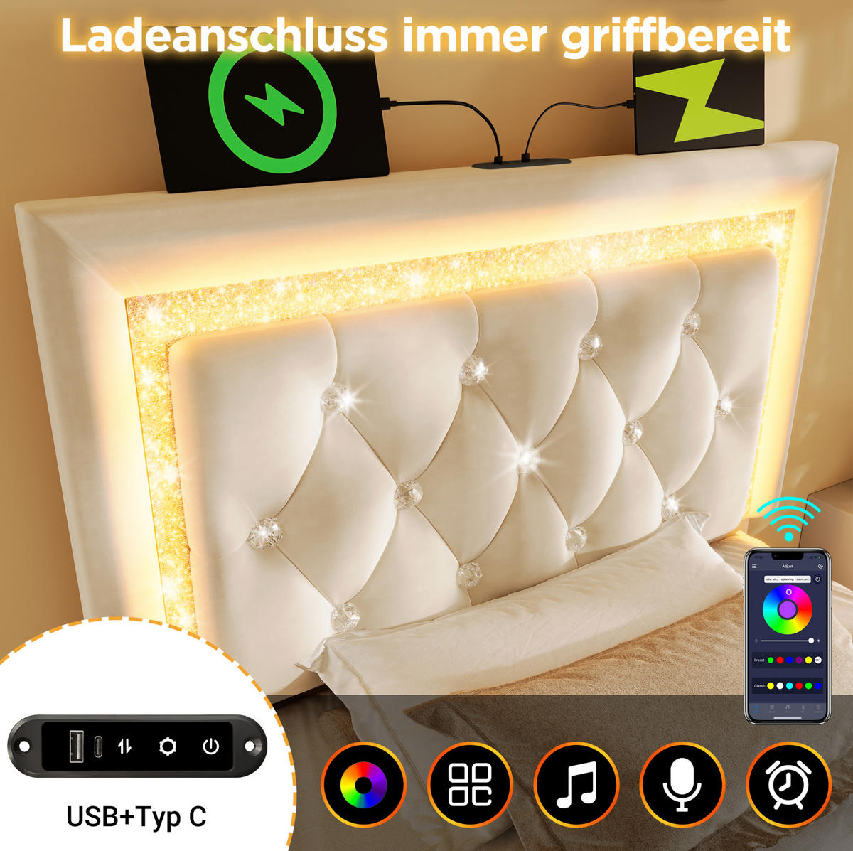 POLSTERBETT 90/200 cm mit LED-Beleuchtung, USB- und Type-C-Anschluss, hydraulischem Bettkasten, Samtbezug, Beige - Beige, Textil (90/200cm) - Redom