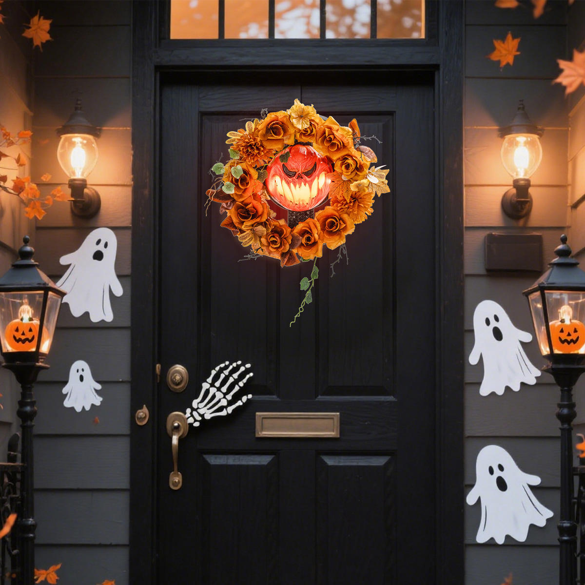 HALLOWEEN Dekoration Hängender Kürbis-Kranz mit 44 LEDs mit Flammeneffekt - Orange, Textil (9/44/44cm) - Outsunny