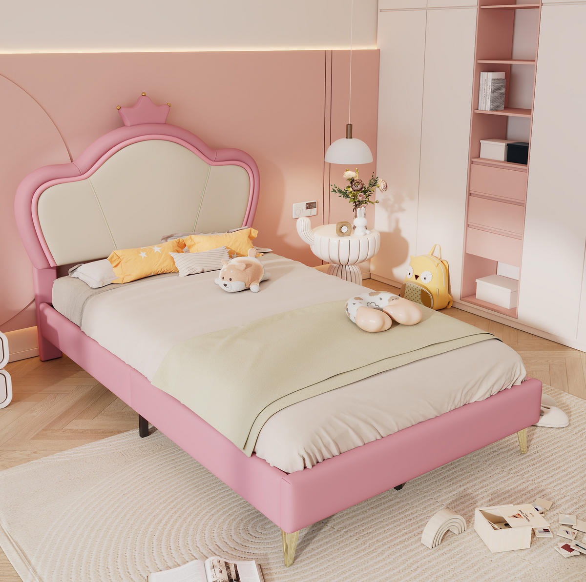 POLSTERBETT 90/200 cm Rosa/Weiß aus PU mit Kronen-Kopfteil - Weiß, Kunststoff (90/200cm) - OKMYHOME