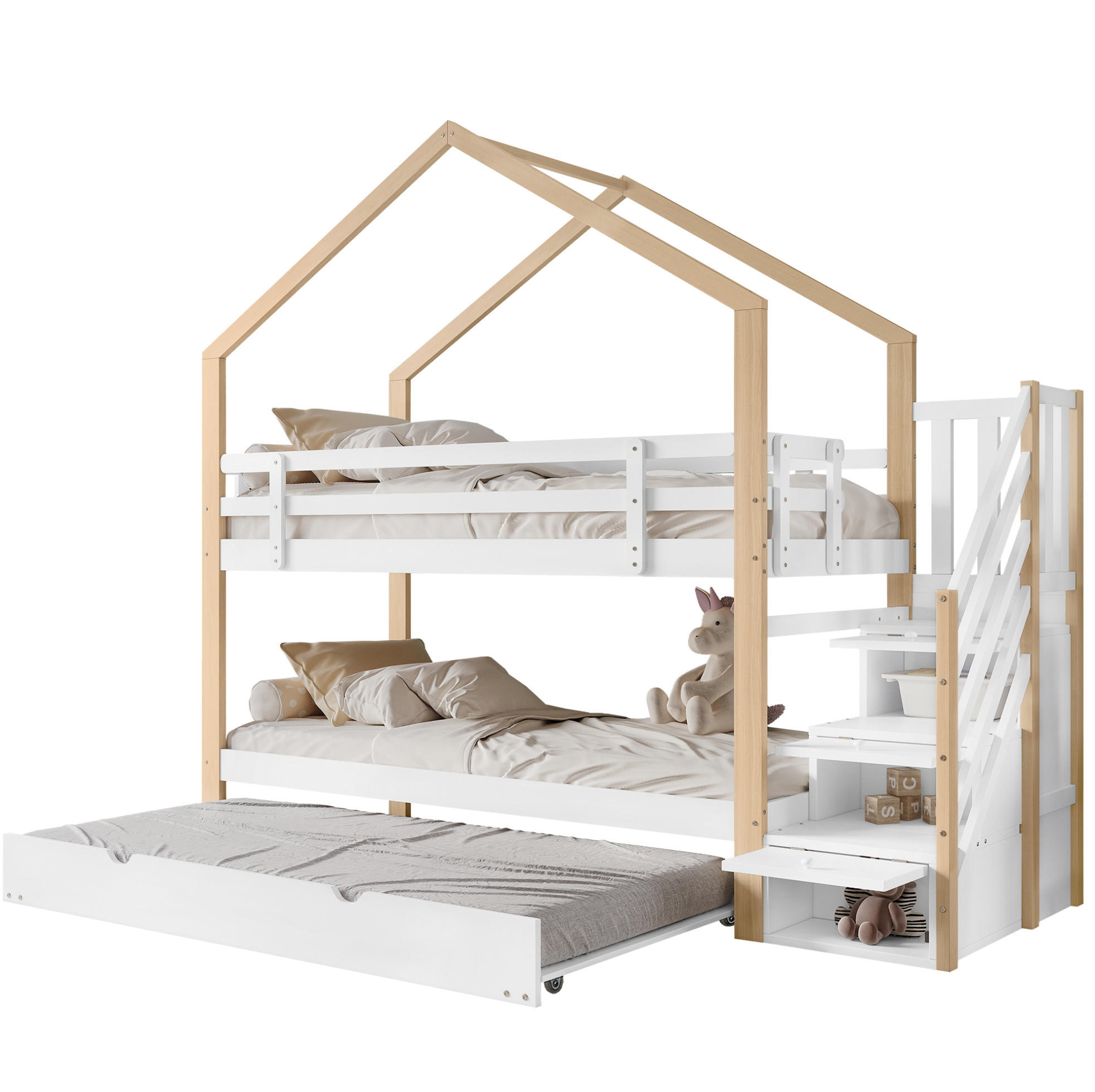 HAUSBETT 90/200 cm ausziehbar mit Treppe und Schubladen in Natur/Weiß - Weiß, Holz (90/200cm) - BEAOK