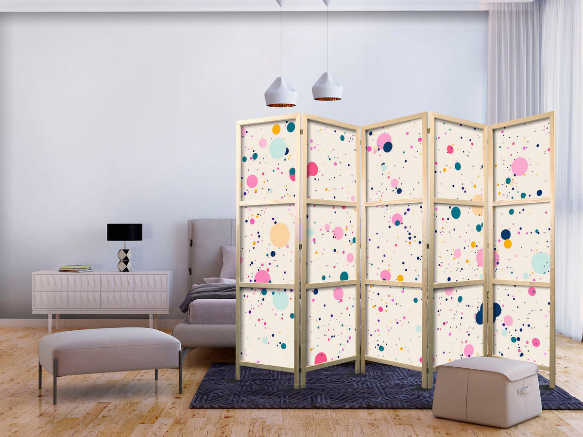 PARAVENT Japanischer 5-tlg 225x172 cm Buntes Punktemuster - Multicolor, Holz/Textil (225/172/3cm) - Muralo