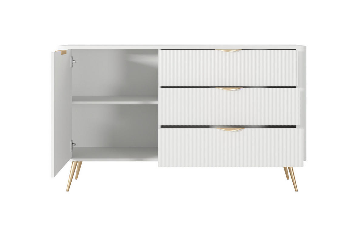 SIDEBOARD Kommode Flore 138 cm Weiß / Gold - mit 3 Schubladen und 1 Tür - Gelb/Goldfarben, Holz/Holzwerkstoff (138/81/38cm) - Ravio