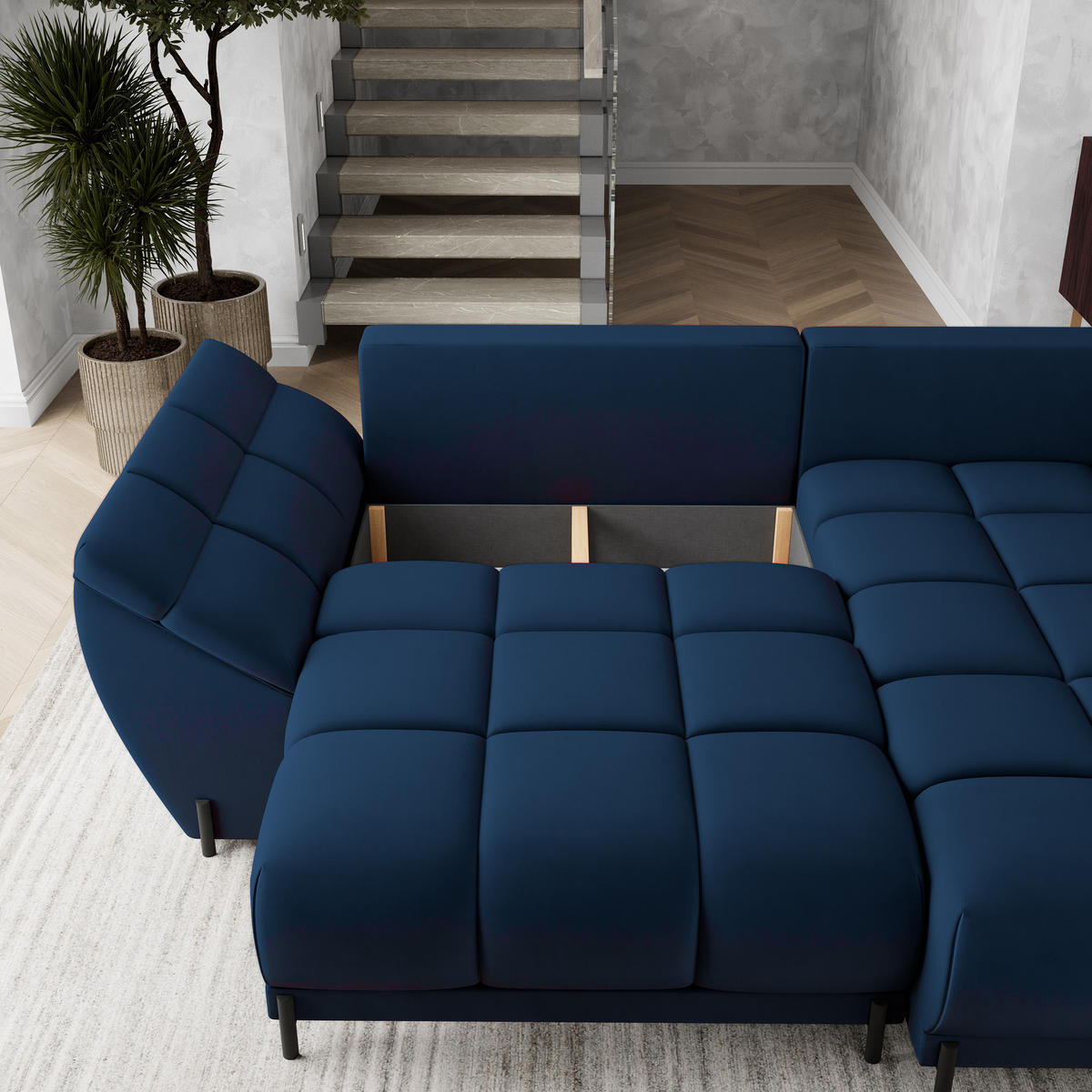 ECKSOFA VESTANO R-S Blau Velours-Stoff mit Schlaffunktion - Blau, Holz (287/182cm) - MASSENO