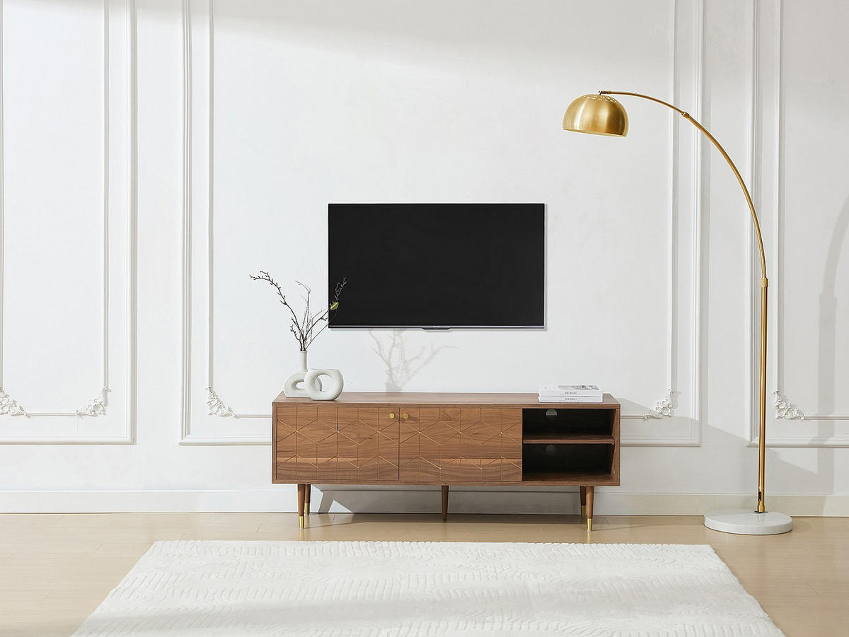 TV-MÖBEL mit 2 Türen & 2 Fächern - Nussbaumfurnier - Holz- & Goldfarben - PARIOMA - Naturfarben, Holz (150/55/40cm) - Vente-Unique