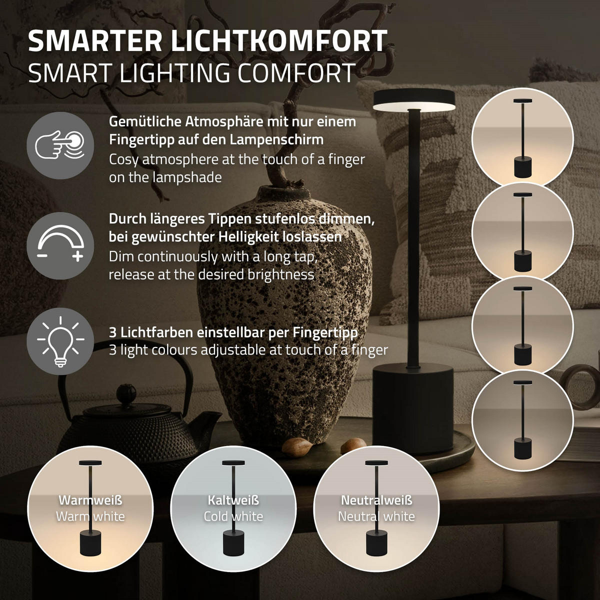 LED TISCHLAMPE kabellos Touch Schwarz Ø8x34,5cm 3 Lichtfarben Dimmbar - Schwarz, Kunststoff (8/8/34.5cm) - ML-DESIGN