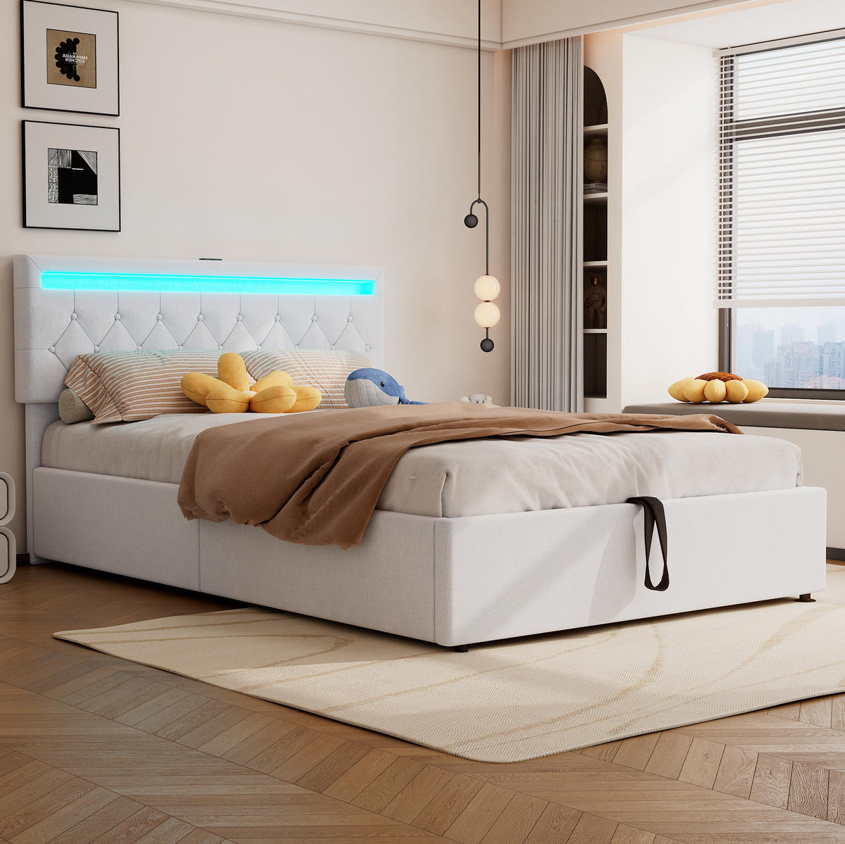 POLSTERBETT 140/200 cm Weiß mit Stauraum mit LED-Beleuchtung mit USB- und Type-C-Anschlüssen - Weiß, Textil (140/200cm) - OKWISH