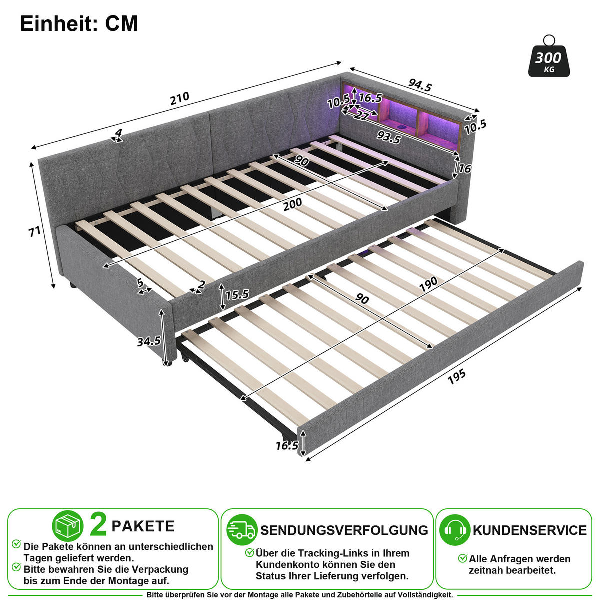 BETT 90/200 cm & 90/190 cm in Grau mit Ausziehbett, LED und USB - Grau, Holzwerkstoff/Textil (90/200cm) - CHICFURN