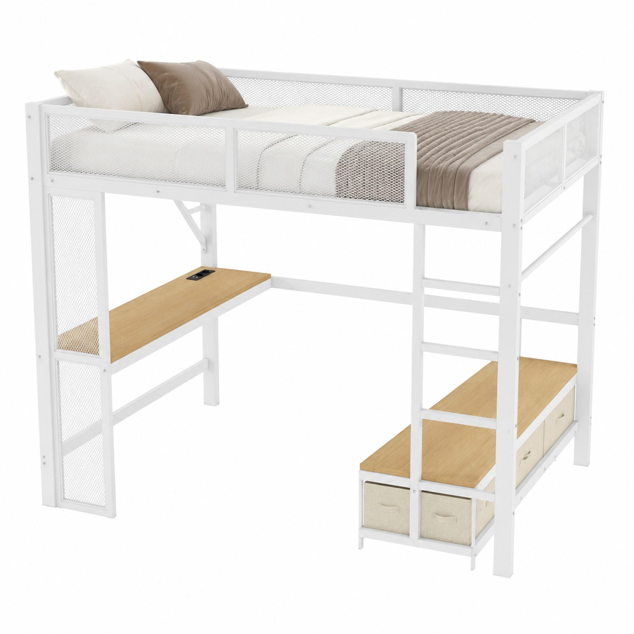 HOCHBETT mit Schreibtisch und 3 Schubladen 140x200 cm Metall Weiß - Weiß, Metall (140/200cm) - Meubliv