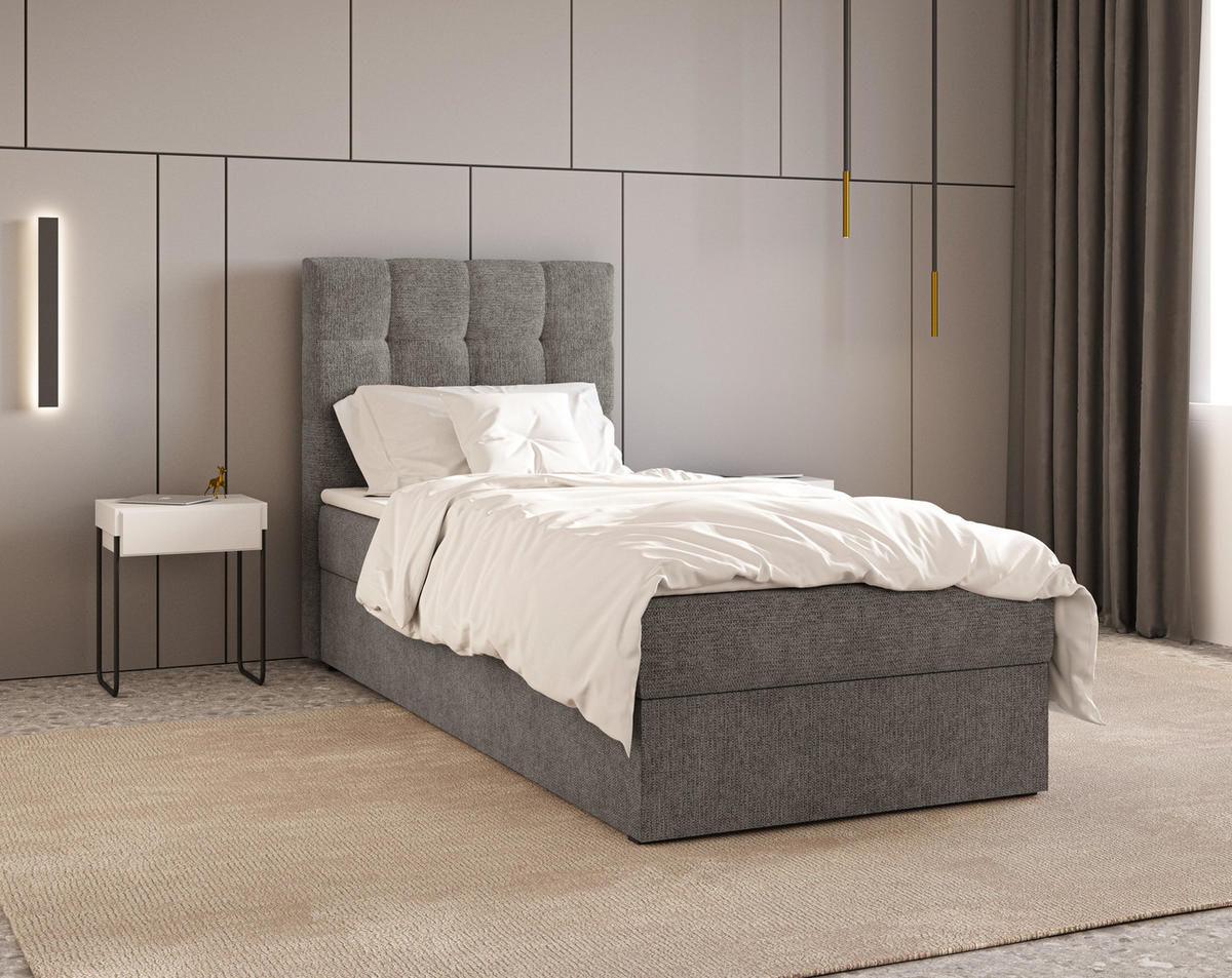 BOXBETT - Bett 05 OSLO - Aragon - 90x200 cm - mit Bettkasten und Komfort-Topper - Grau, Holz (90/200cm) - ROYAL24_MARKT