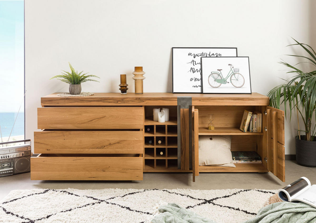 SIDEBOARD Wild-/Zerreiche 220x45x75 natur geölt NEW AMSTERDAM #17 - Braun, Holz (220/75/45cm) - Massivmoebel24