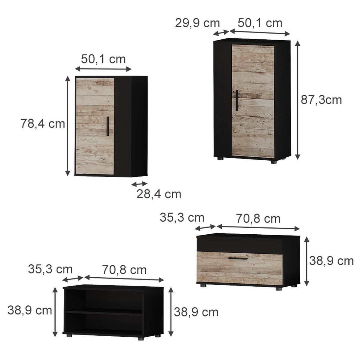 UNITATE DE PERETE Berno, Negru/stejar de nisip, Set de 4 piese - stejar Sonoma/negru, compozit lemnos (50.1/283/28.3cm) - Vicco