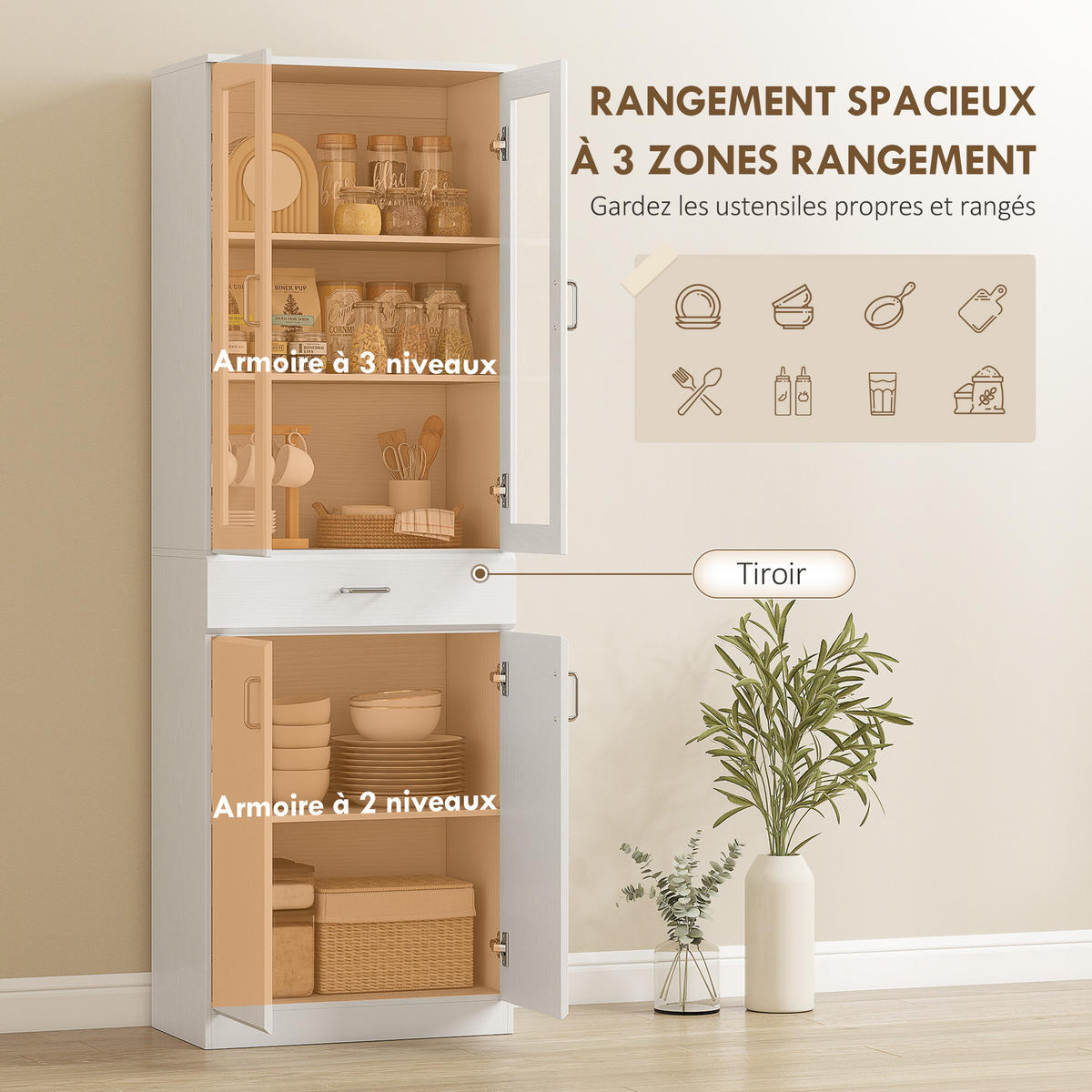HIGHBOARD DE-11261 2 Glastüren & Schublade mit verstellbaren Böden Weiß - Weiß, Holzwerkstoff (35/180/60cm) - ComfortXL