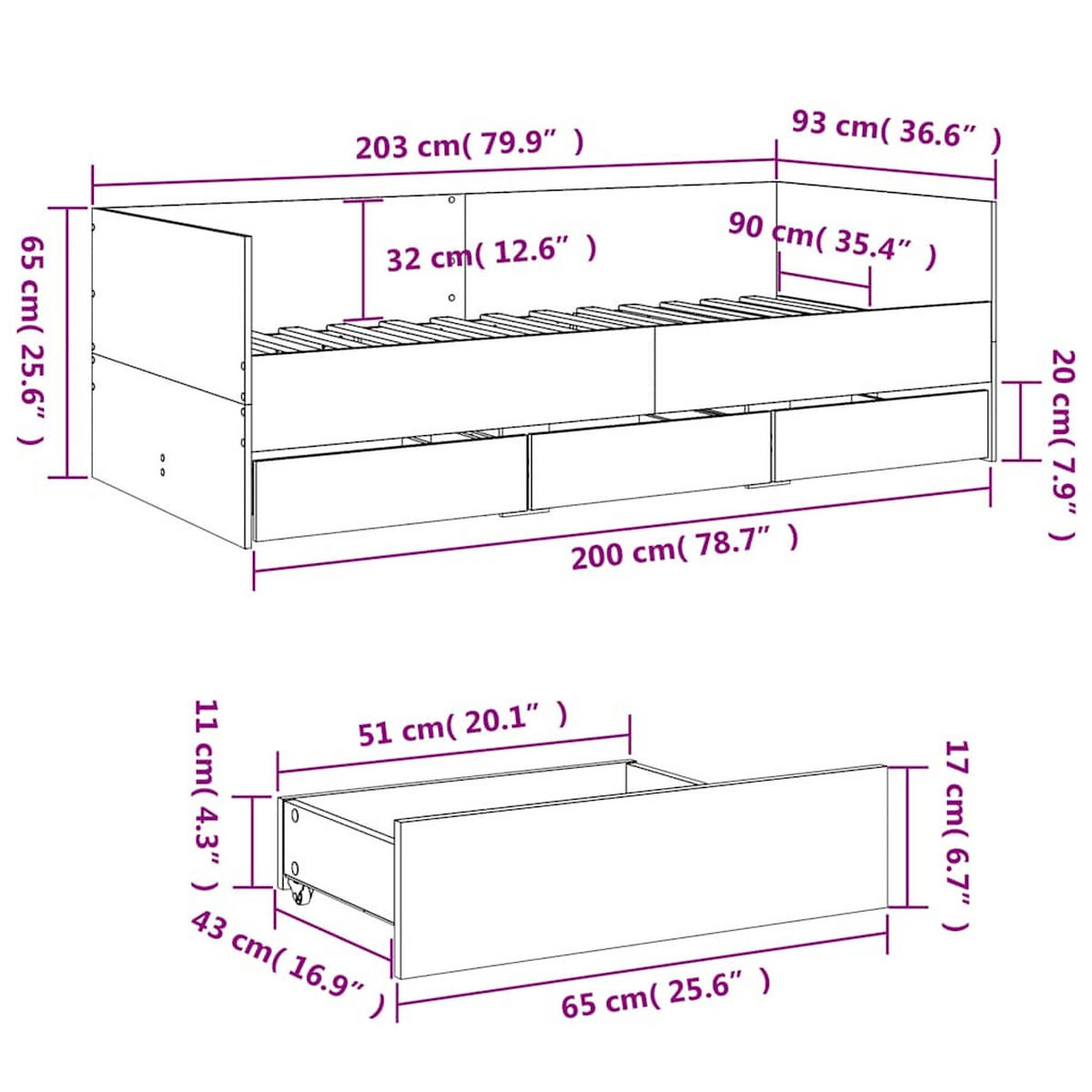 TAGESBETT Mit Schubladen Ohne Matratze Weiss 90/200 Cm - Weiß, Holzwerkstoff (90/200cm) - vidaXL