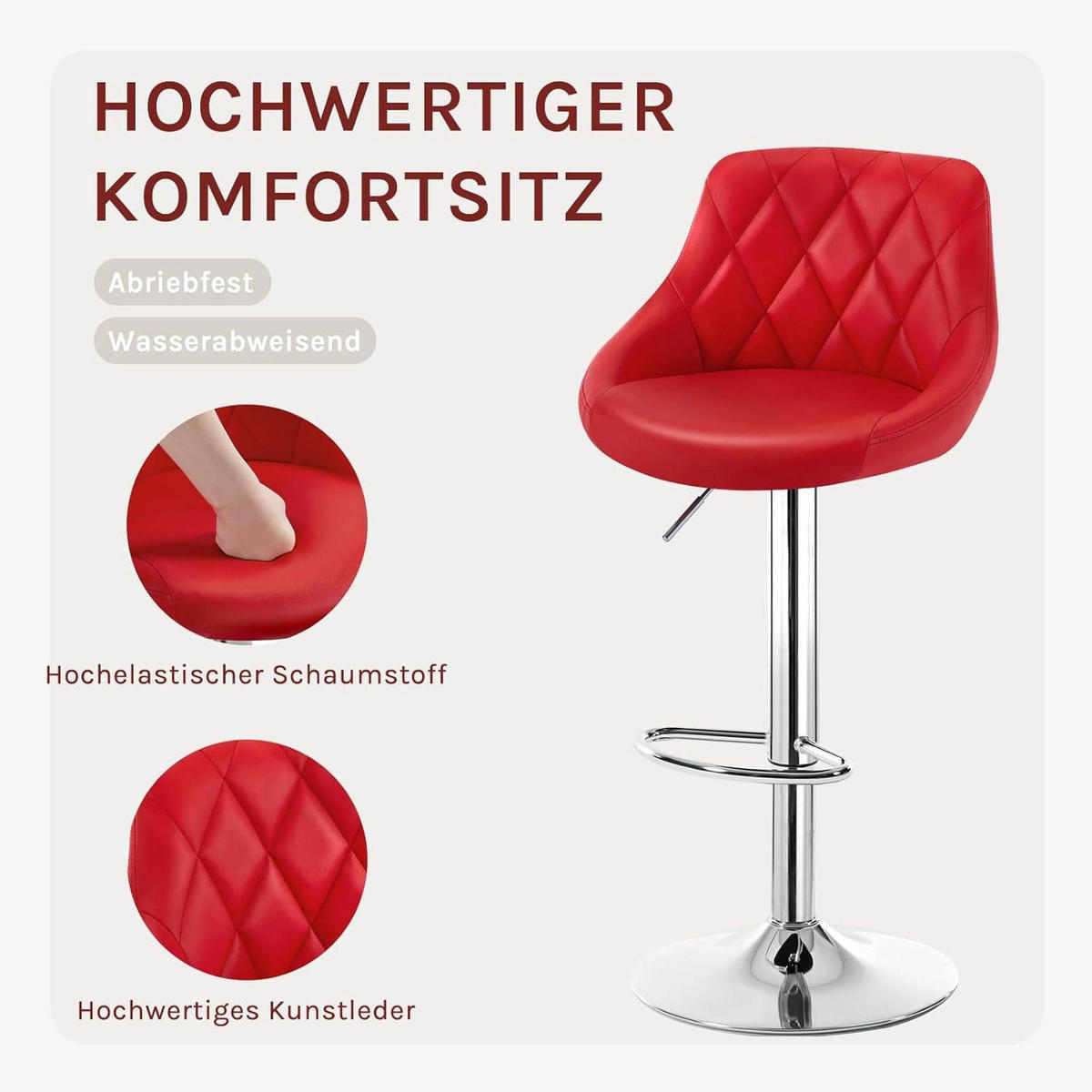 BARHOCKER, Kunstleder, Höhenverstellbar, 360° Drehbar - Rot, Metall (47/104/39cm) - Woltu