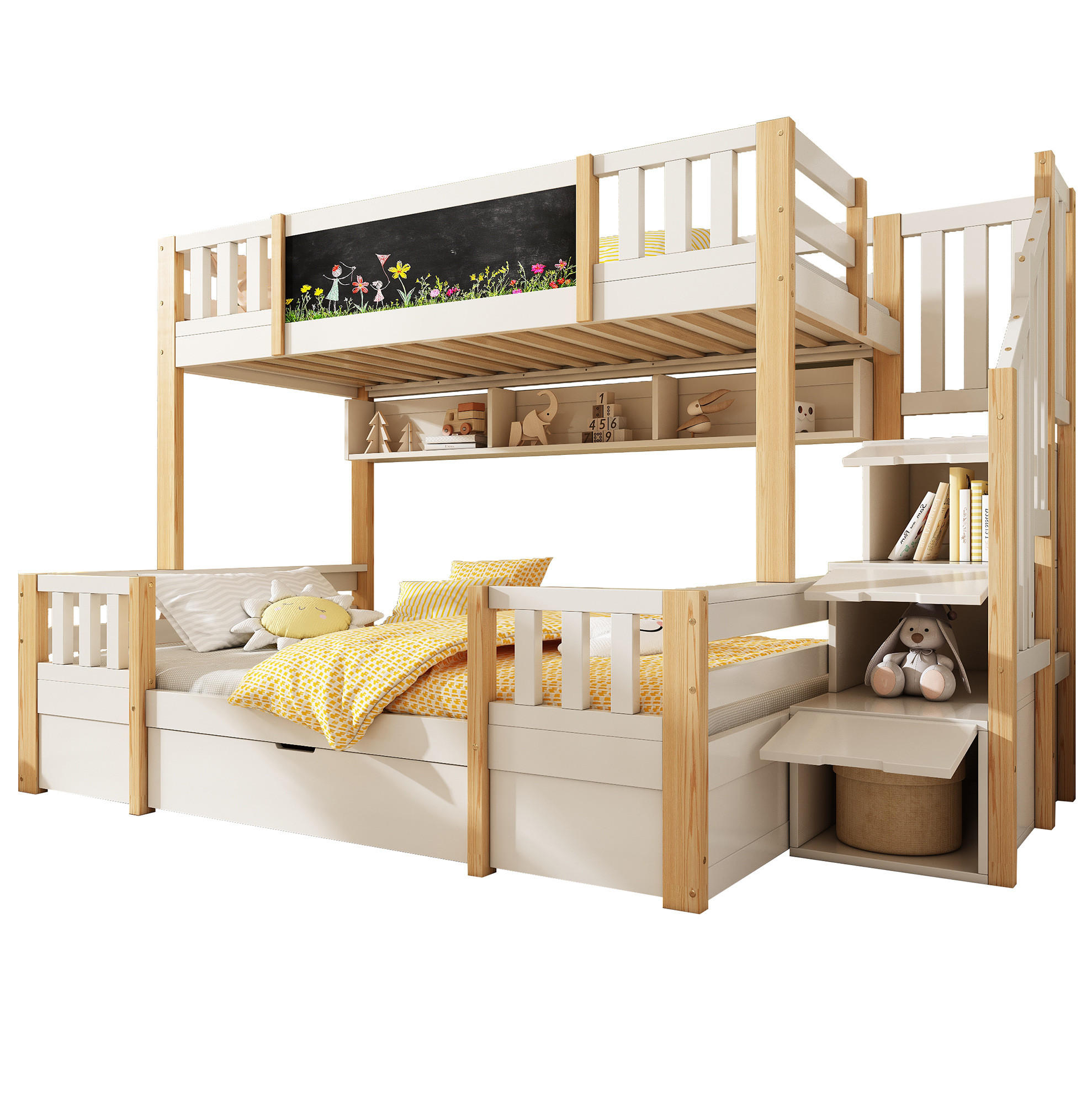 Modfu PATROVÁ postel z masivního dřeva 90x200 a 140x200 cm bílá/přírodní s tabulí, úložnými schody a zásuvkami