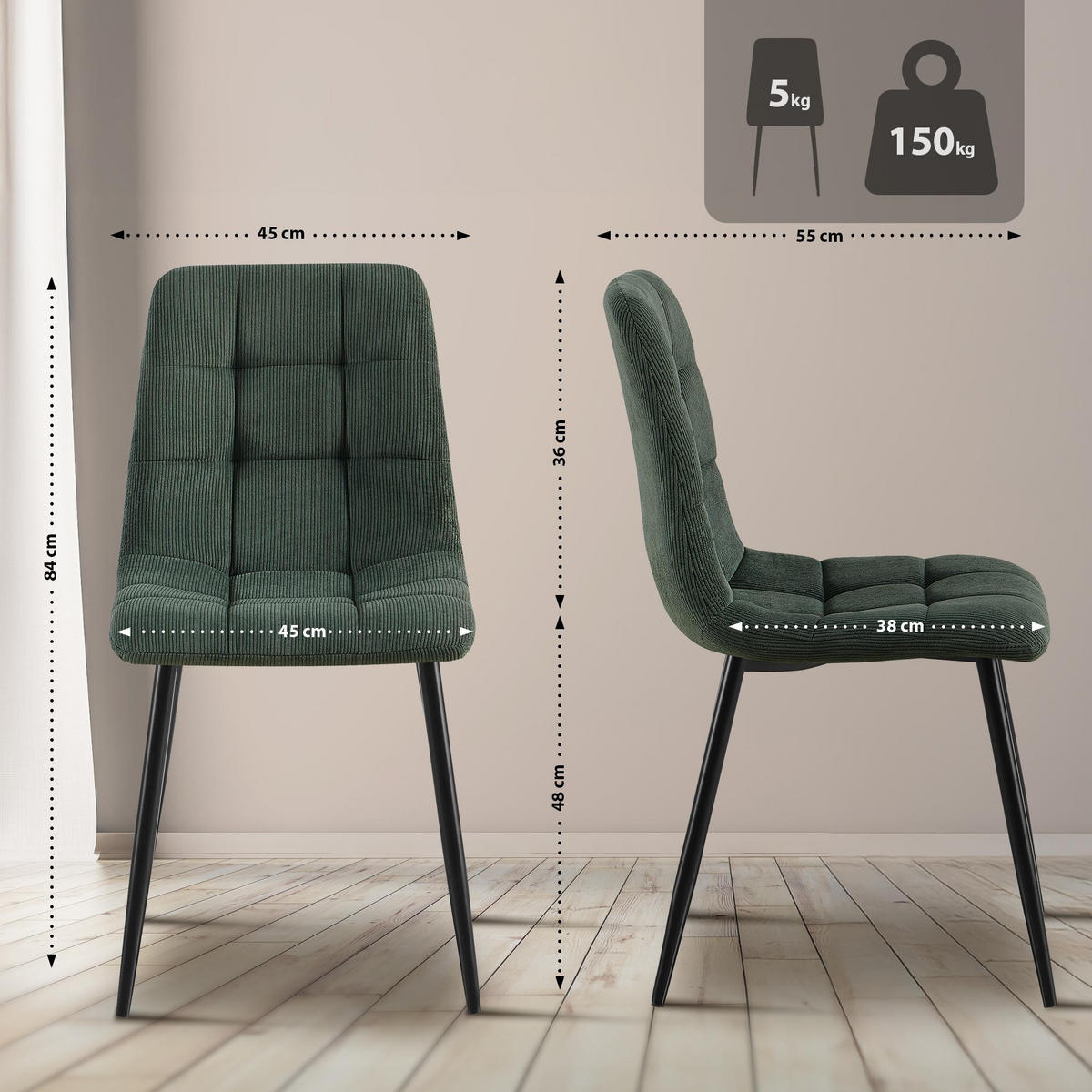 ESSZIMMERSTUHL 2er Set Fanor Cord Grün Wohnzimmerstuhl - Grün, Textil (45/84/55cm) - DELUKE