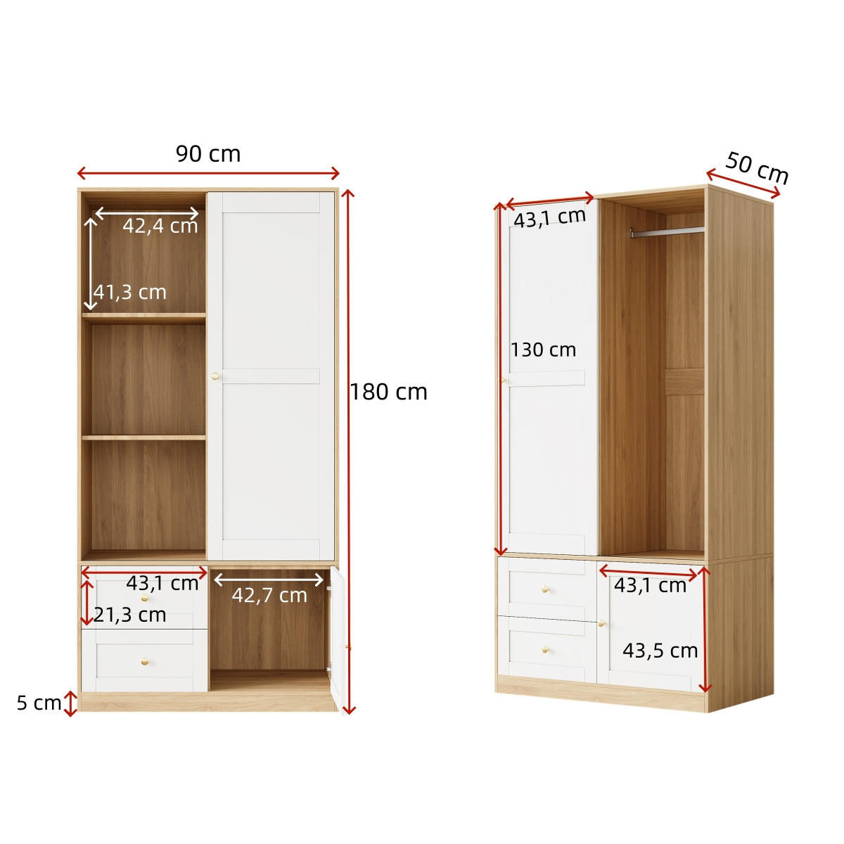 KLEIDERSCHRANK in Weiß und Naturfarben mit Schiebetüren für Schlafzimmer und Flur, B90/T50/H180 cm - Weiß/Naturfarben, Holzwerkstoff/Metall (90/180/50cm) - STILVORA