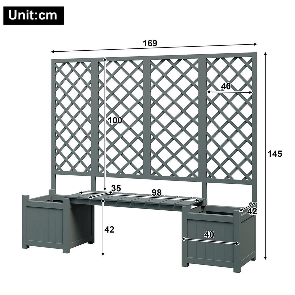 BLUMENKASTEN mit Spalier und Sitz für Garten Hof Terrasse，grau - Grau, Holz (42/145/169cm) - KOMHTOM