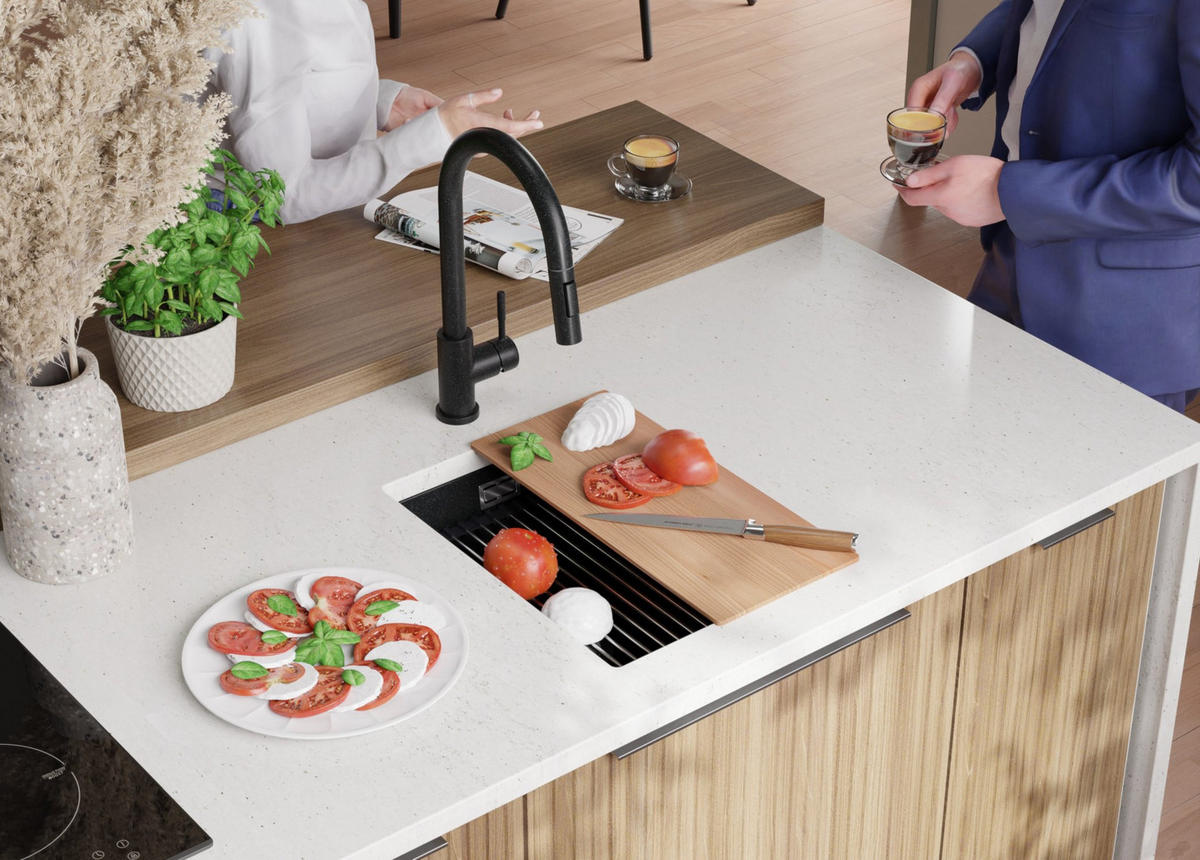 UNTERBAUSPÜLE GRANIT Prag, 3-er set Anthrazit 36/47 cm, 1 Becken + Ablauf-Set + Aufrollbare Abtropffläche ab 40er Unterschrank - Chromfarben/Anthrazit, Kunststoff (36/20/47cm) - Primagran