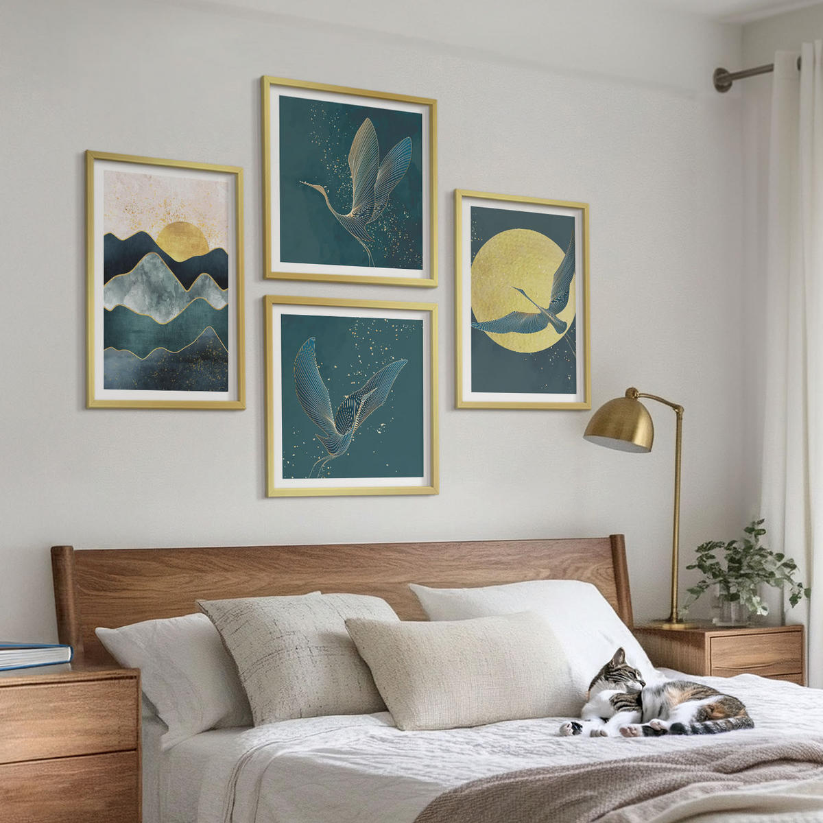 WANDBILDER 4er Set - 50x50 cm & 40x60 cm Goldrahmen - Vögel, Kraniche, Mond, Berge - Goldfarben, Kunststoff (50/50cm) - ArtPrintCave