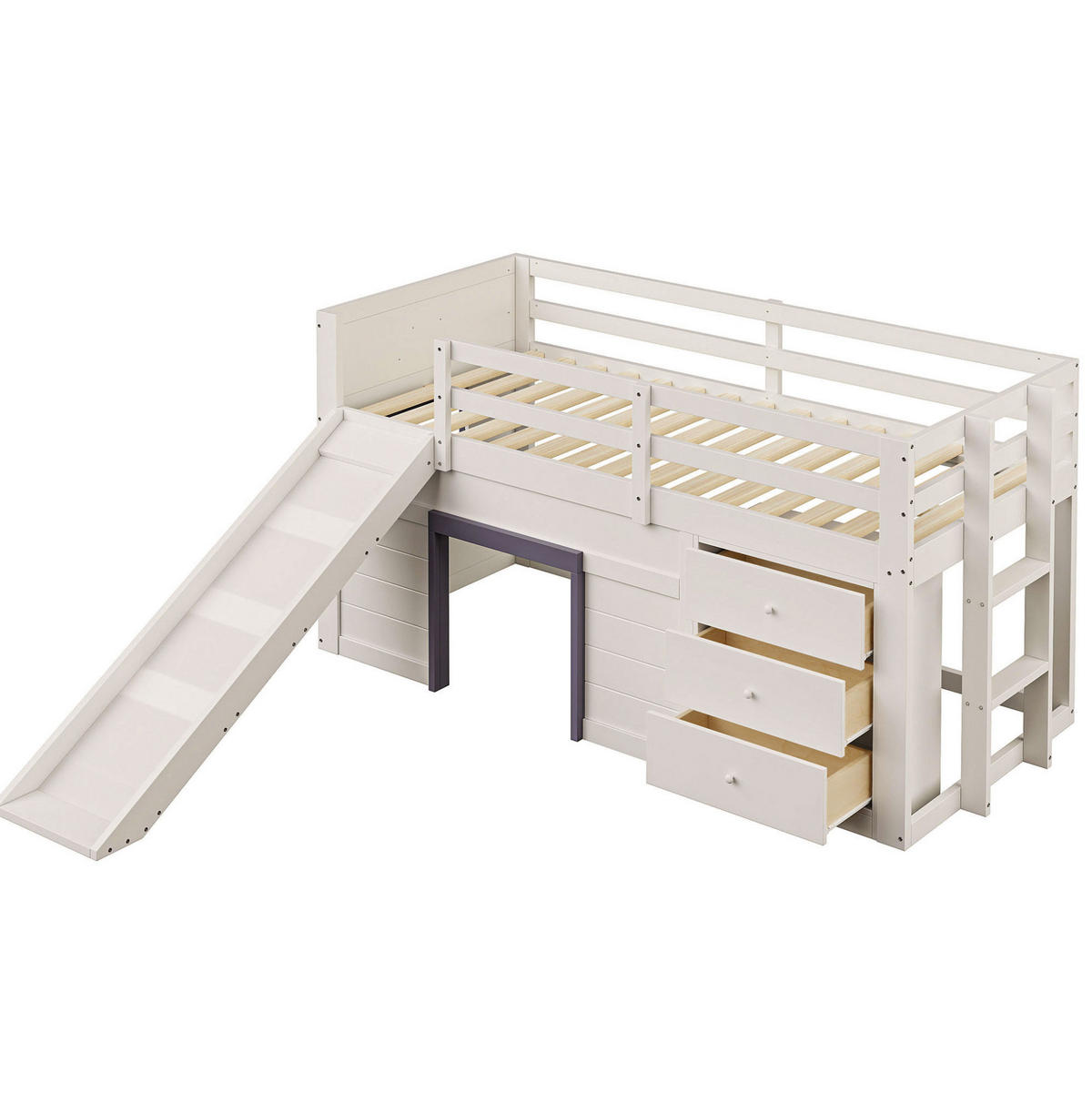 GORNJI krevet od borovine i MDF-a 90x200 cm krem s toboganom, 3 ladice i 2 vrata - bijela, drvni materijal (90/200cm) - Modfu