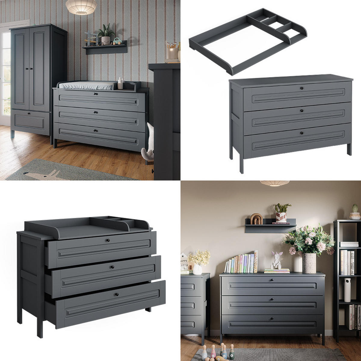 WICKELKOMMODE Ajaton Grau 133 x 98.4 cm mit 3 Schubladen - Grau, Holzwerkstoff (133/98.4/70cm) - VitaliSpa