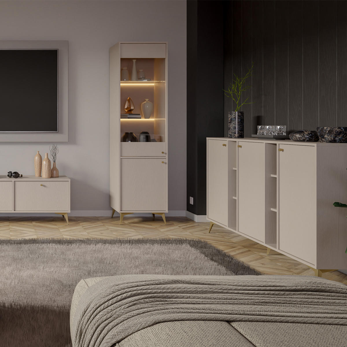 KOMMODE FLOREN, Creme/Gold - Creme, Holzwerkstoff/Metall (157.7/93.5/40.8cm) - KONSIMO®