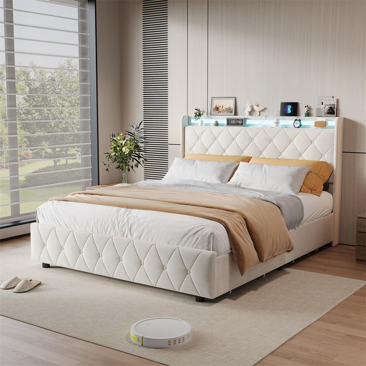 POLSTERBETT 160x200 cm mit 4 Schubladen & LED-Beleuchtung - USB-Anschlüsse - ohne Matratze - Beige - Beige, Textil (160/200cm) - DELFA