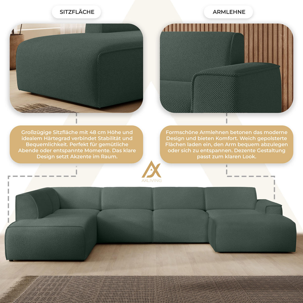 WOHNLANDSCHAFT Didim Grün 378/220/78 cm – großes Sofa stilvoll & bequem L - Schwarz/Grün, Kunststoff/Textil (220/78/378cm) - AX Living