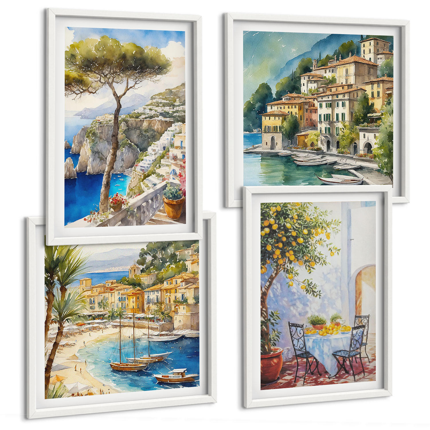 BILDER SET 4er Set - 50x50 cm & 40x60 cm Weißer Rahmen - Italienische Städte (Aquarell) - Weiß, Kunststoff (50/50cm) - TULUP