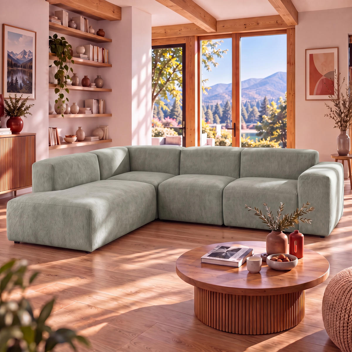 4-SITZER modulares Ecksofa HEAVEN SET 2 Links, Breite 300 cm Webstoff Grün - Schwarz/Grün, Holz/Kunststoff (300/245cm) - Muffo