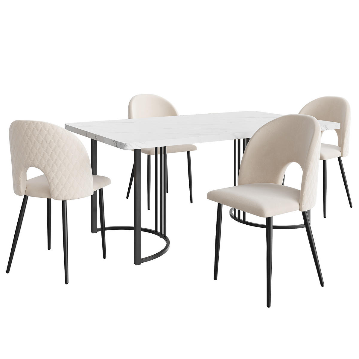 ESSGRUPPE Esstisch 4 Stühle MDF Weiß Beige 140x80cm - Beige, Textil (140/75/80cm) - FLIEKS