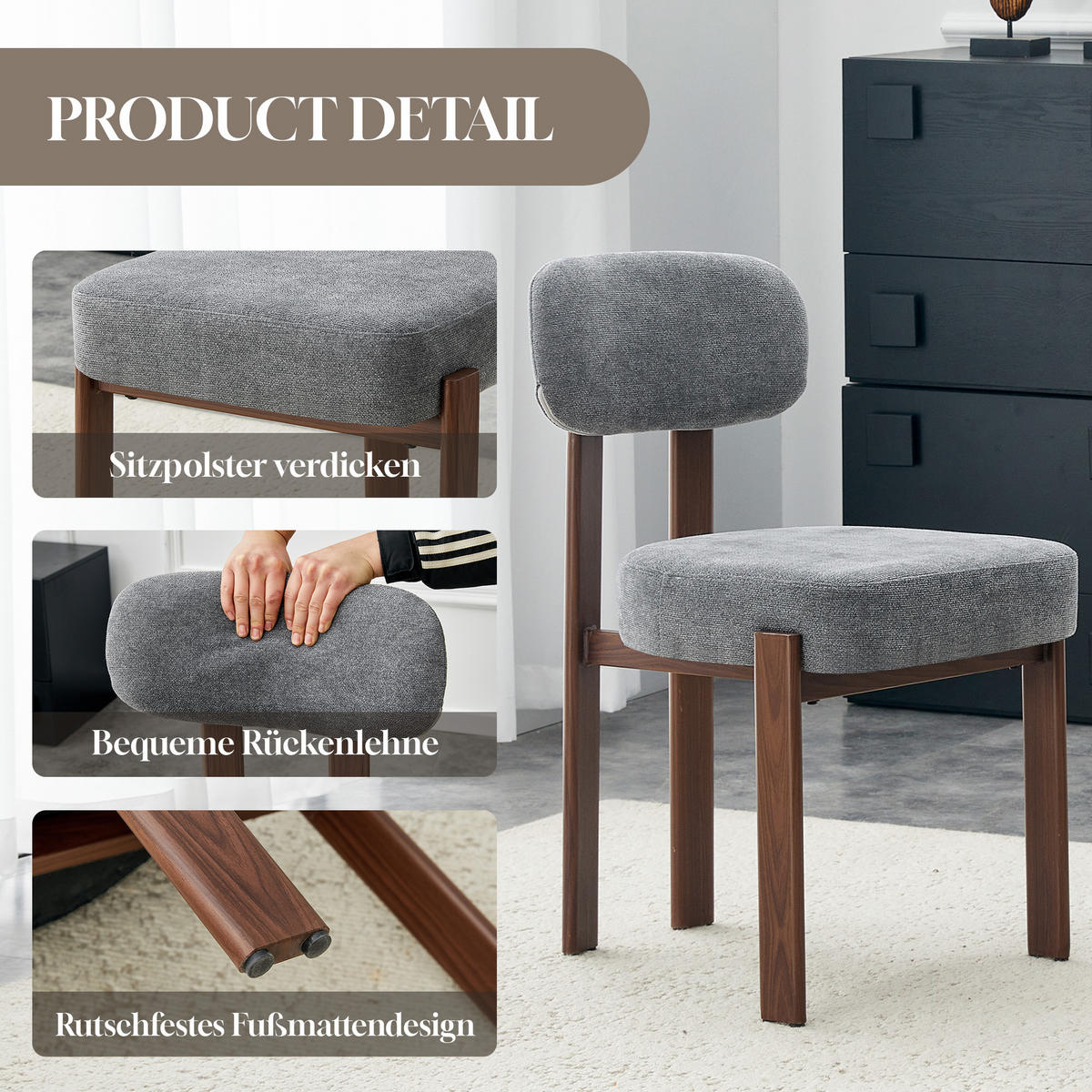 ESSZIMMERSTUHL 2ER-SET aus Leinenstoff mit gebogener Rückenlehne und dicker Polsterung - Grau, Textil (49/82.5/57cm) - Urban Meuble