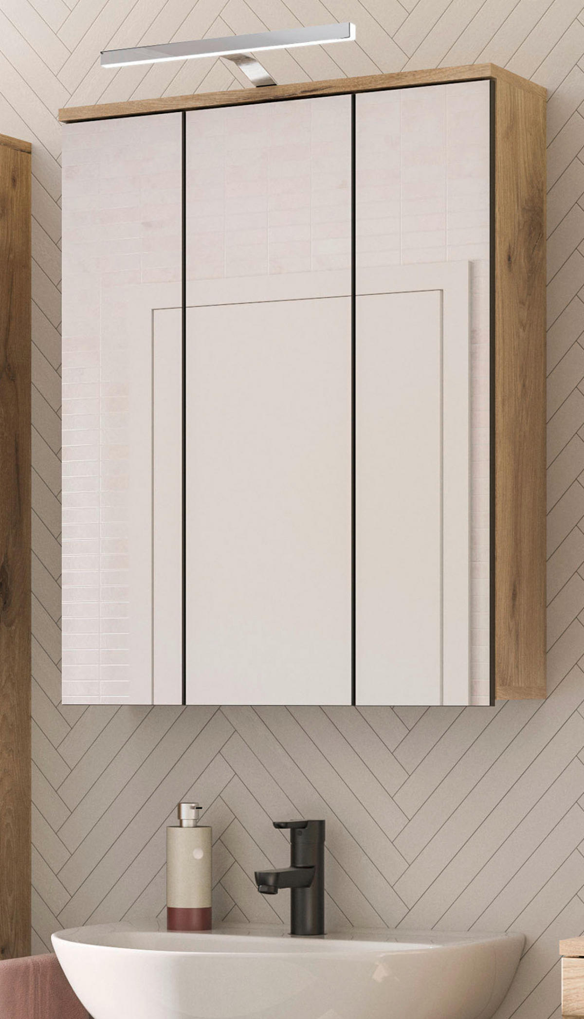 SPIEGELSCHRANK Eiche 60 cm Badschrank 3-türig, Badezimmermöbel - Eichefarben, Glas/Holzwerkstoff (60/77/18cm) - Inn.Furn