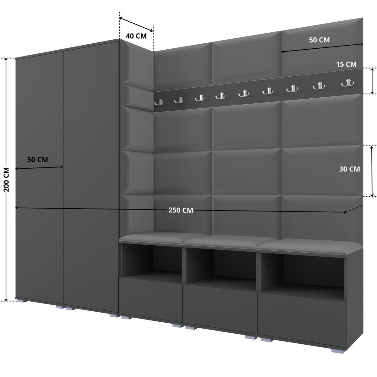 GARDEROBE NELA VII 250 cm (Modulare Flurmöbel XL Graphit mit Sitzpolster Dunkelgrau 15 2 Schränke) - Dunkelgrau/Silberfarben, Holz/Holzwerkstoff (250/187/40cm) - Ravio