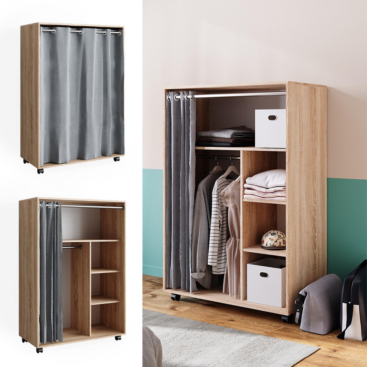 KLEIDERSCHRANK Doros Sonoma 100 x 146.6 cm mit Rollen - Sonoma Eiche, Holzwerkstoff (100/146.6/50cm) - Vicco