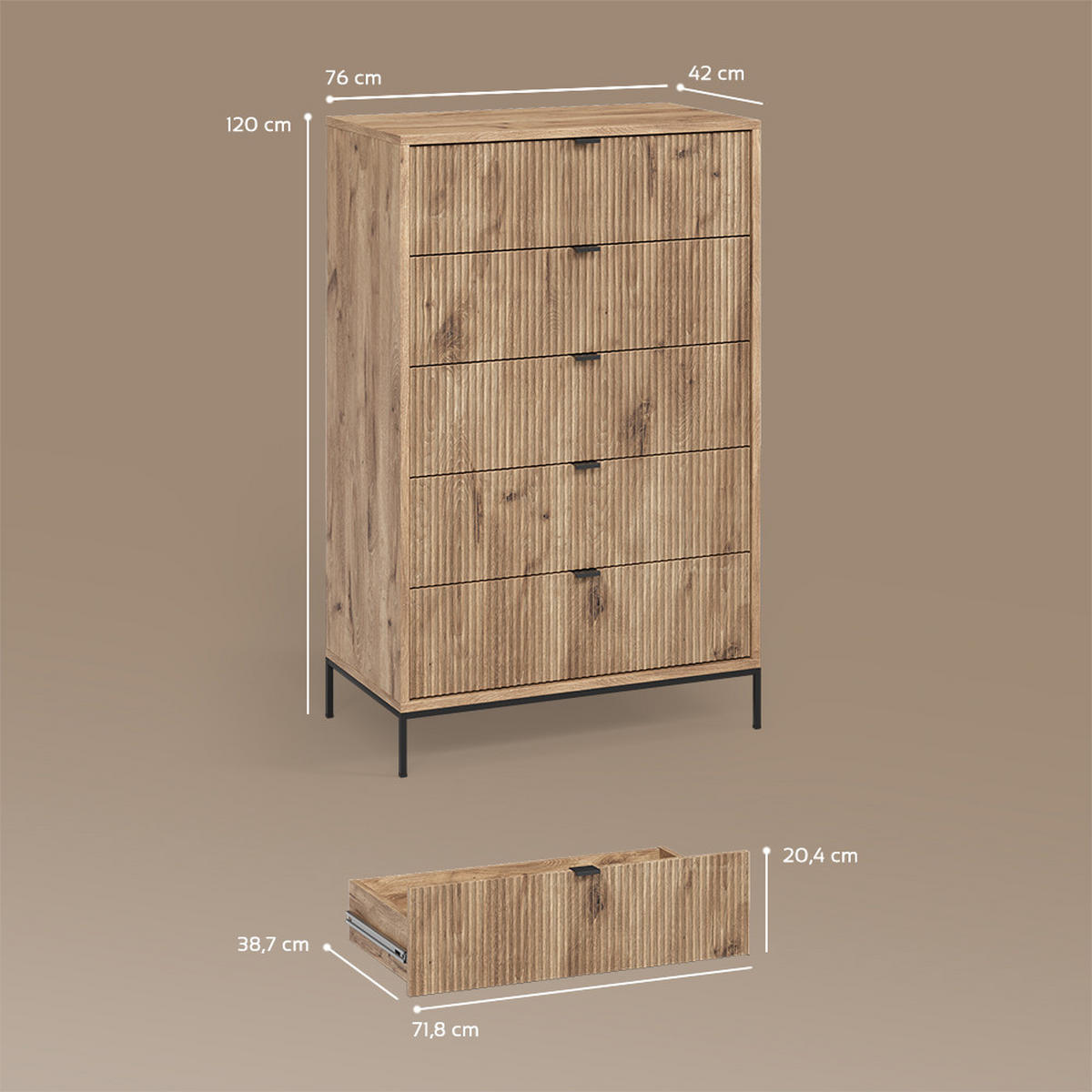 KOMODA Aterno Viking Oak 76 x 120 cm s 5 predali - barve hrasta, leseni material (76/120/42cm) - Livinity®