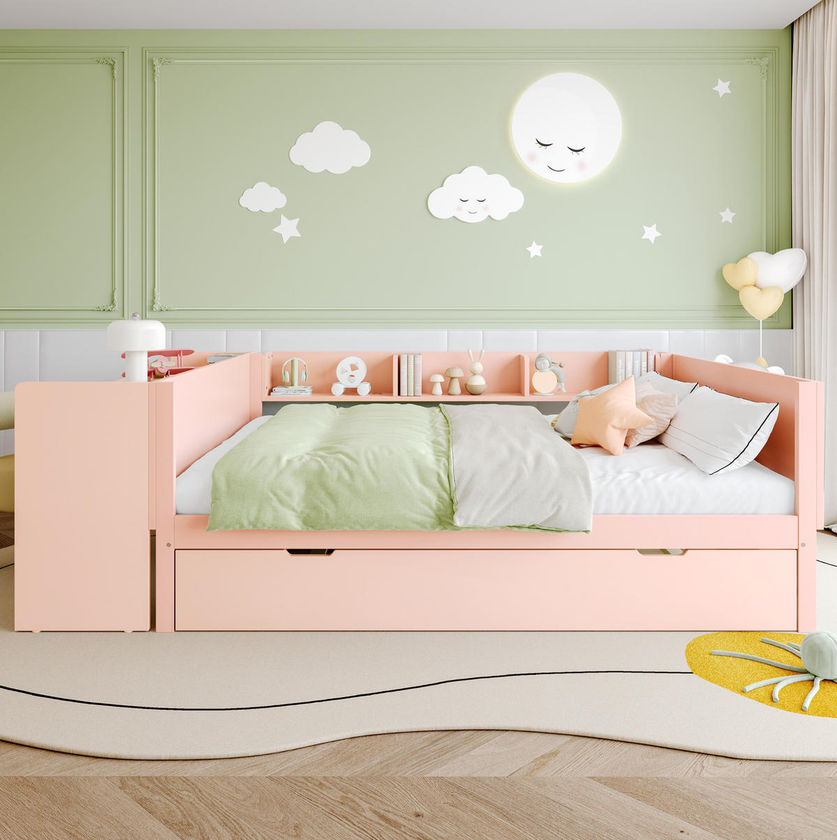 DOPPELBETT 140x200 cm in Rosa mit Schreibtisch, Rollbett und 3 Regalen - Rosa, Holz (140/200cm) - IVMEU