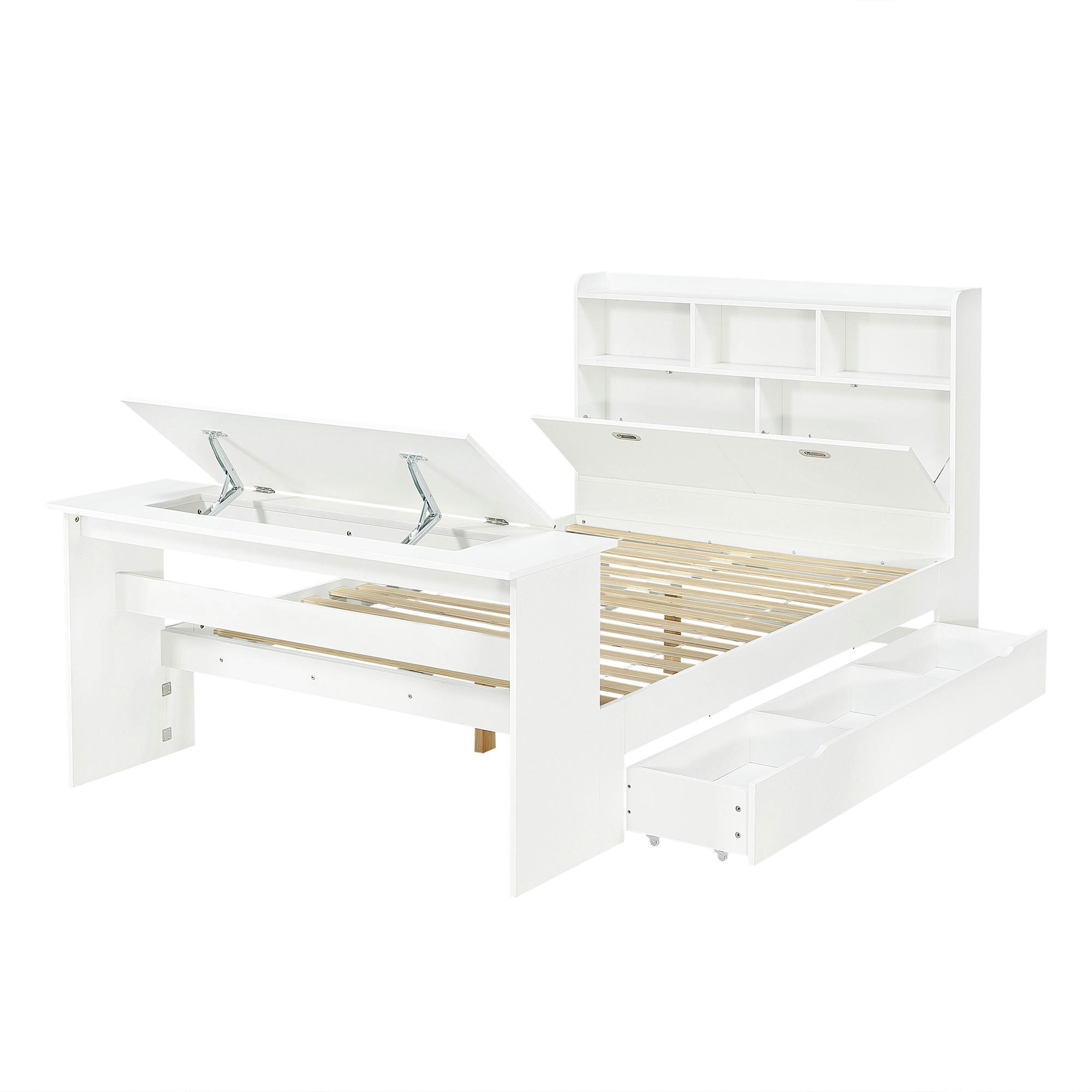 HOLZBETT 140/200 cm DE-32724 mit Klapptisch und Stauraum Weiß - Weiß, Holz (140/200cm) - ComfortXL