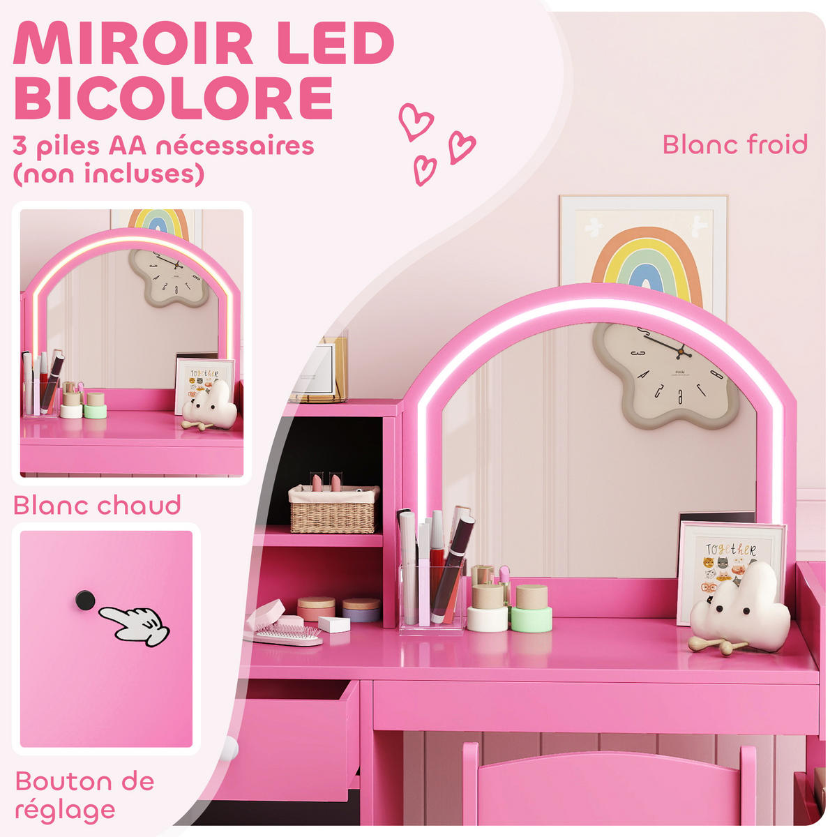 KINDERSCHMINKTISCH DE-18635 LED-Spiegel mit 2 Lichtfarben Rosa - Pink, Holzwerkstoff (38.8/96.9/88.6cm) - ComfortXL