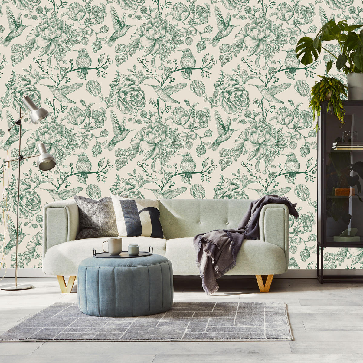 VLIESTAPETE Retro-Kolibris und Pfingstrosen – Grün, Creme – 50x1000 cm - Creme/Grün, Papier (50/1000cm) - Muralo