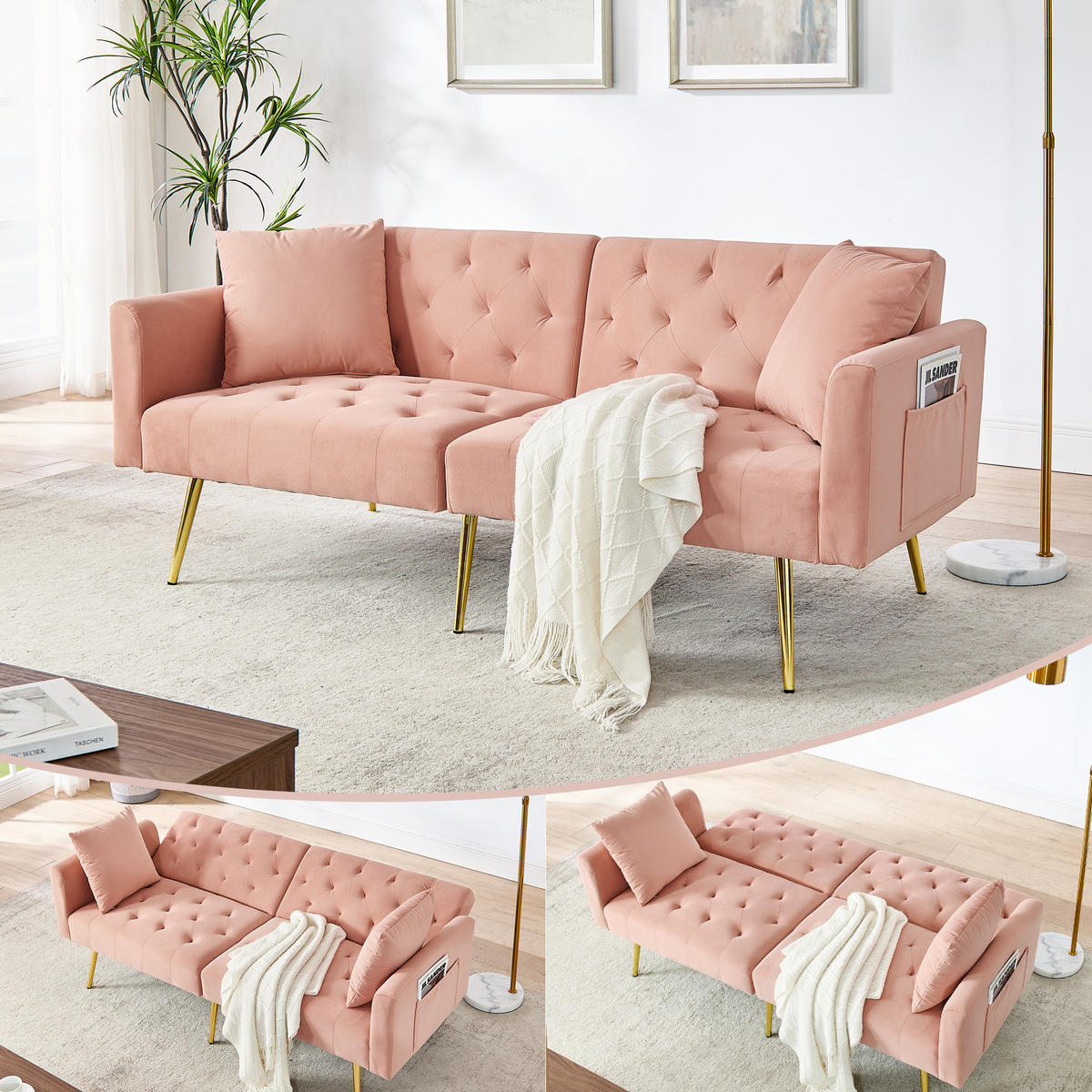 SCHLAFSOFA 177/78/74 cm in Pink Samt mit Aufbewahrungstasche - Rosa, Textil (78/74/177cm) - Oxeza