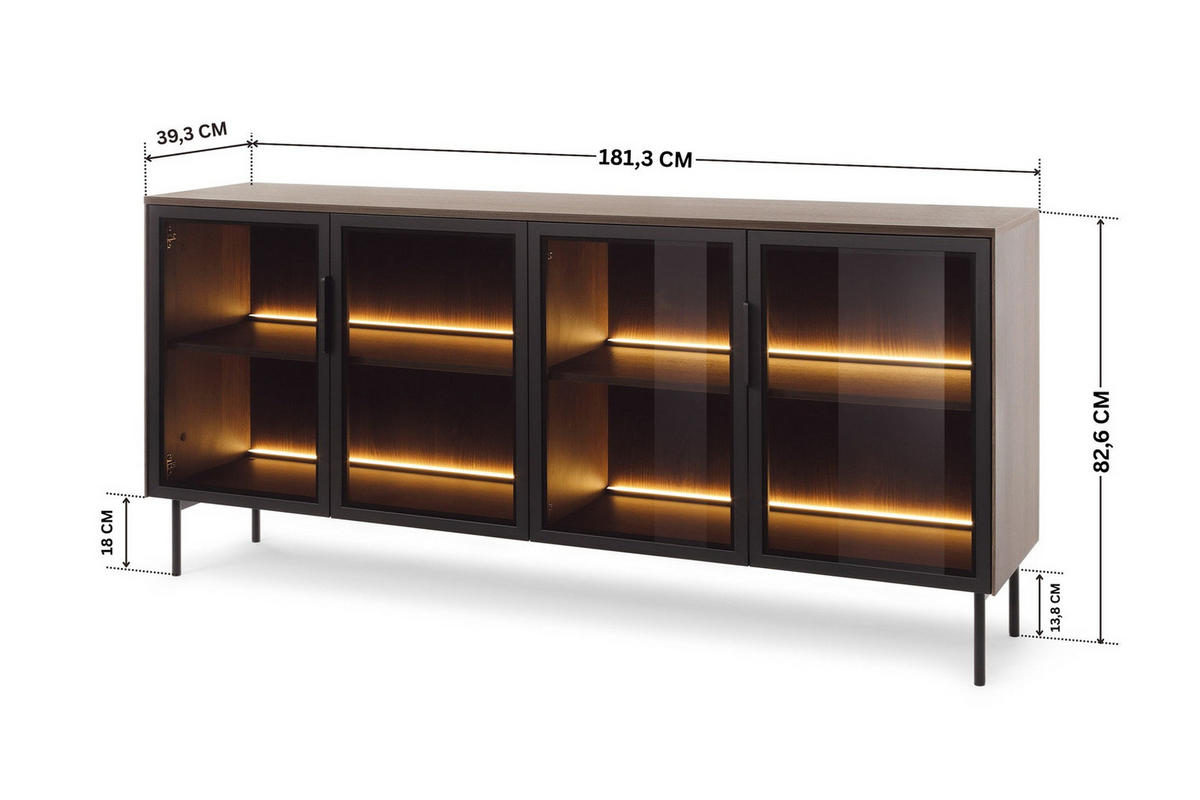 SIDEBOARD LUMI 181 cm Eiche Dunin - mit 4 Glastüren (Braunglas) und LED - Eichefarben/Schwarz, Holz/Holzwerkstoff (181/83/39cm) - Ravio