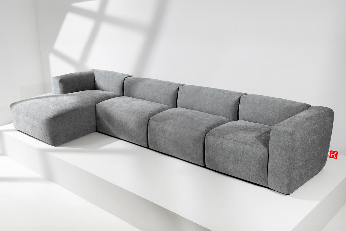 ECKMODULSOFA-LINKS BUFFO 6-Sitzer mit extrem weicher Sitzfläche, Gewebestoff, hell aschfahl - Hellgrau, Textil (377/180cm) - KONSIMO®
