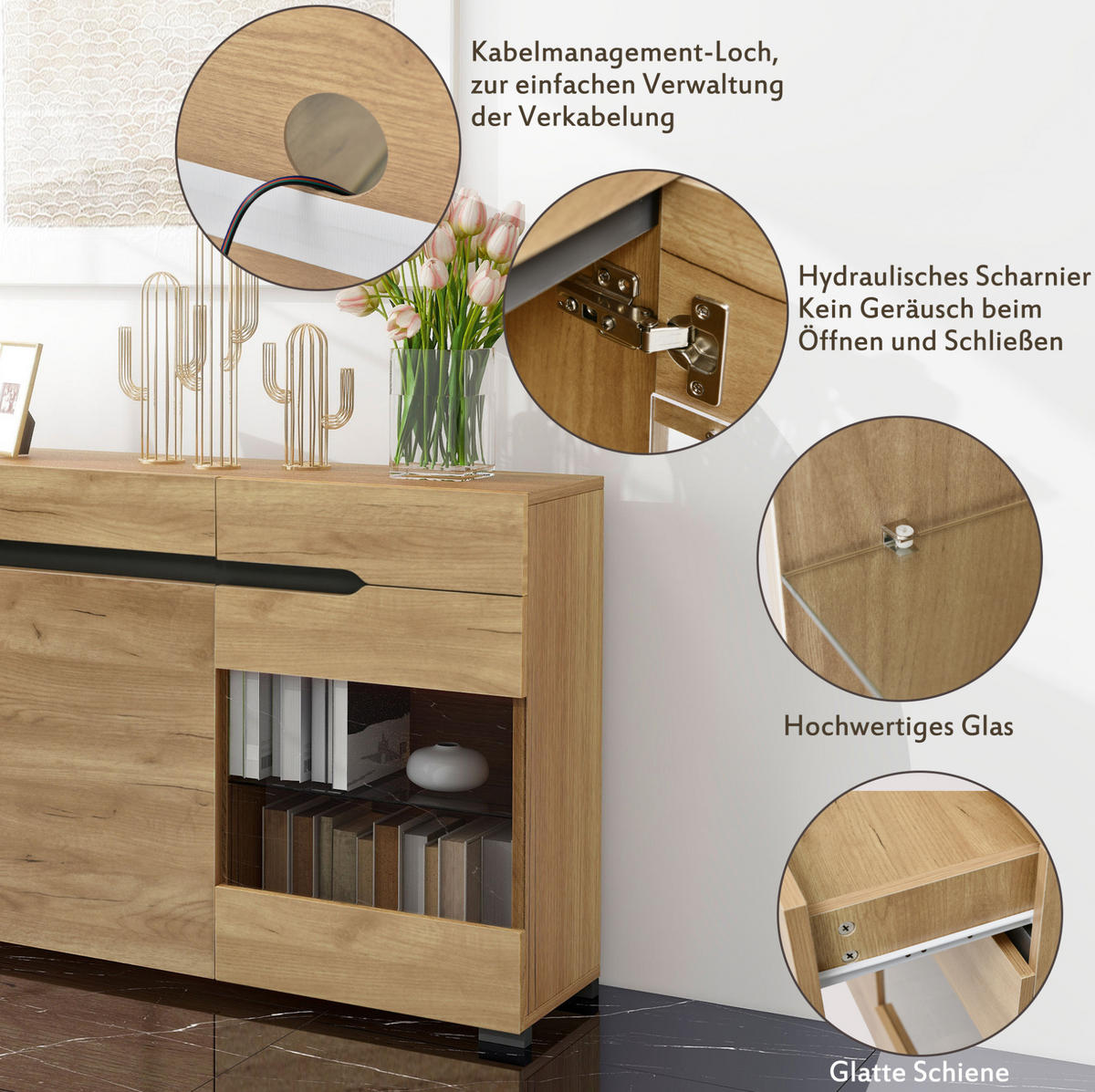 SIDEBOARD 140/35/80 cm Eichefarben aus Spanplatte mit LED-Beleuchtung - Naturfarben, Holzwerkstoff (35/80/140cm) - OKMYHOME