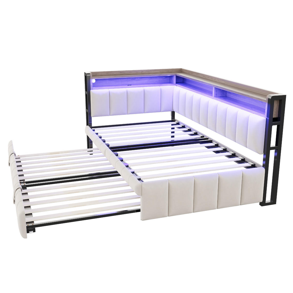 BETT mit Ausziehbett 90/200cm und LED-Beleuchtung in Beige Samt - Beige, Textil (90/200cm) - OKWISH