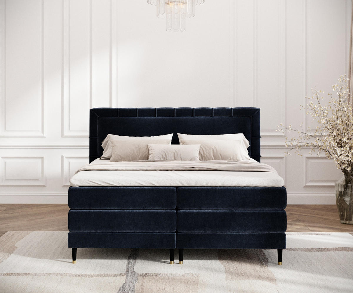 BOXSPRINGBETT Rimini Marineblau 140/200 cm mit Matratze und Topper - Schwarz/Dunkelblau, Holz/Holzwerkstoff (140/200cm) - Maison de Reve